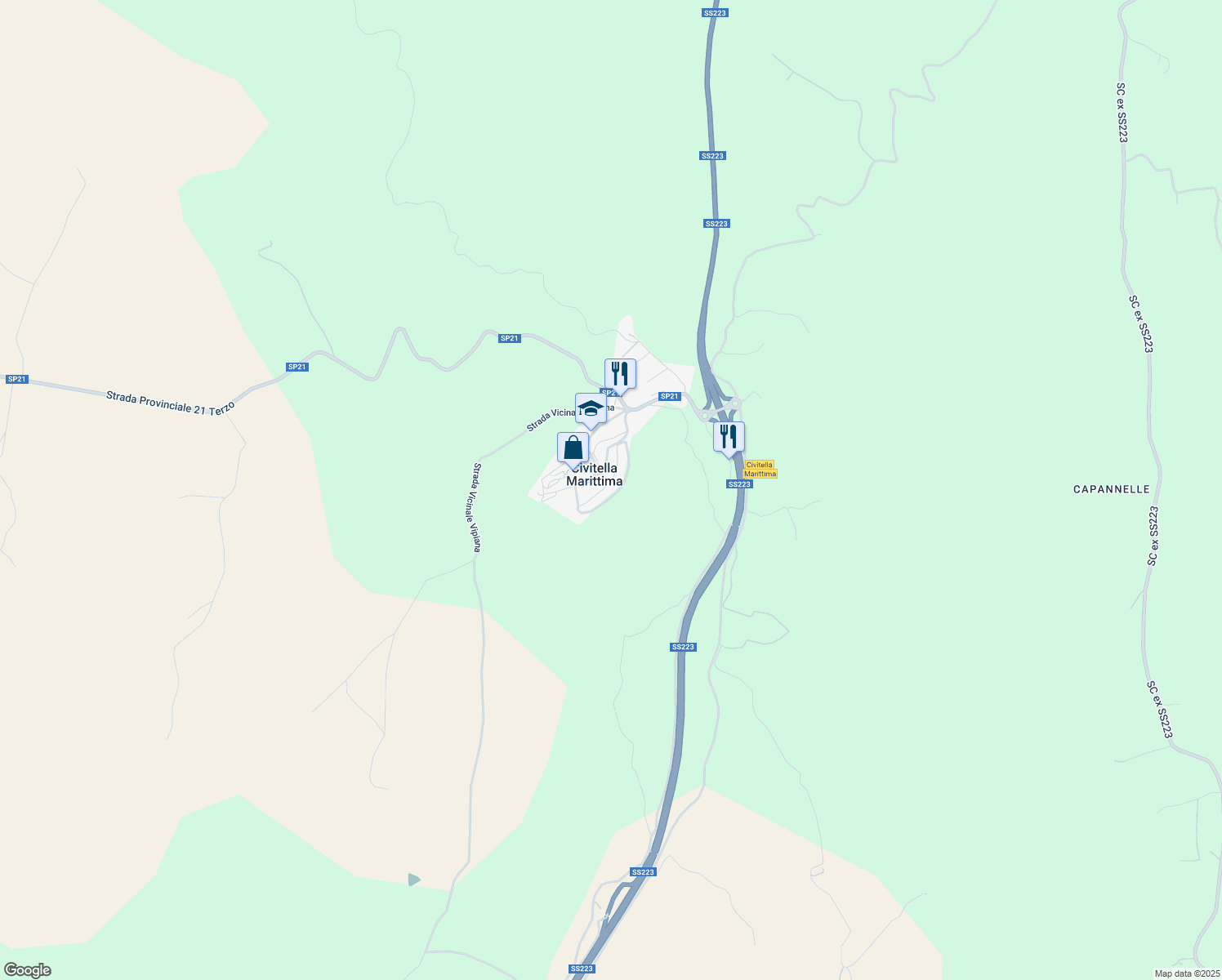 map of restaurants, bars, coffee shops, grocery stores, and more near 3 Via dei Pratoni in Civitella Marittima