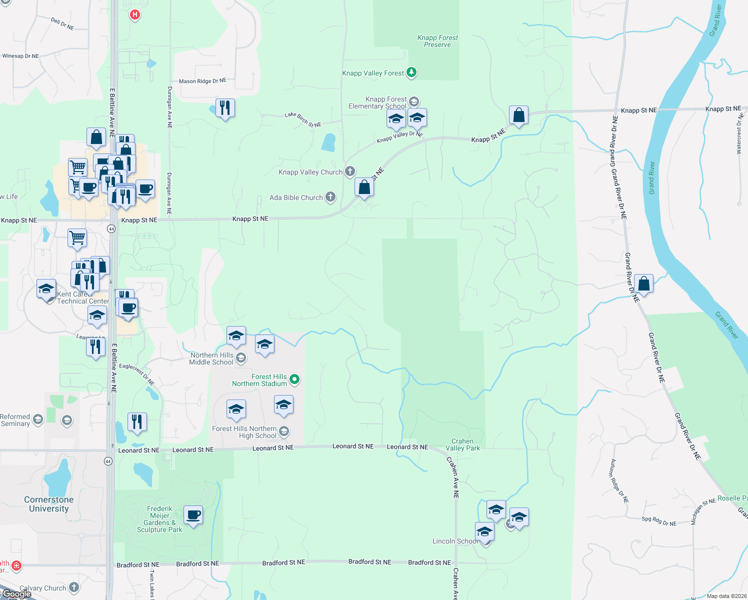 map of restaurants, bars, coffee shops, grocery stores, and more near 4100 Silvergrass Drive Northeast in Grand Rapids