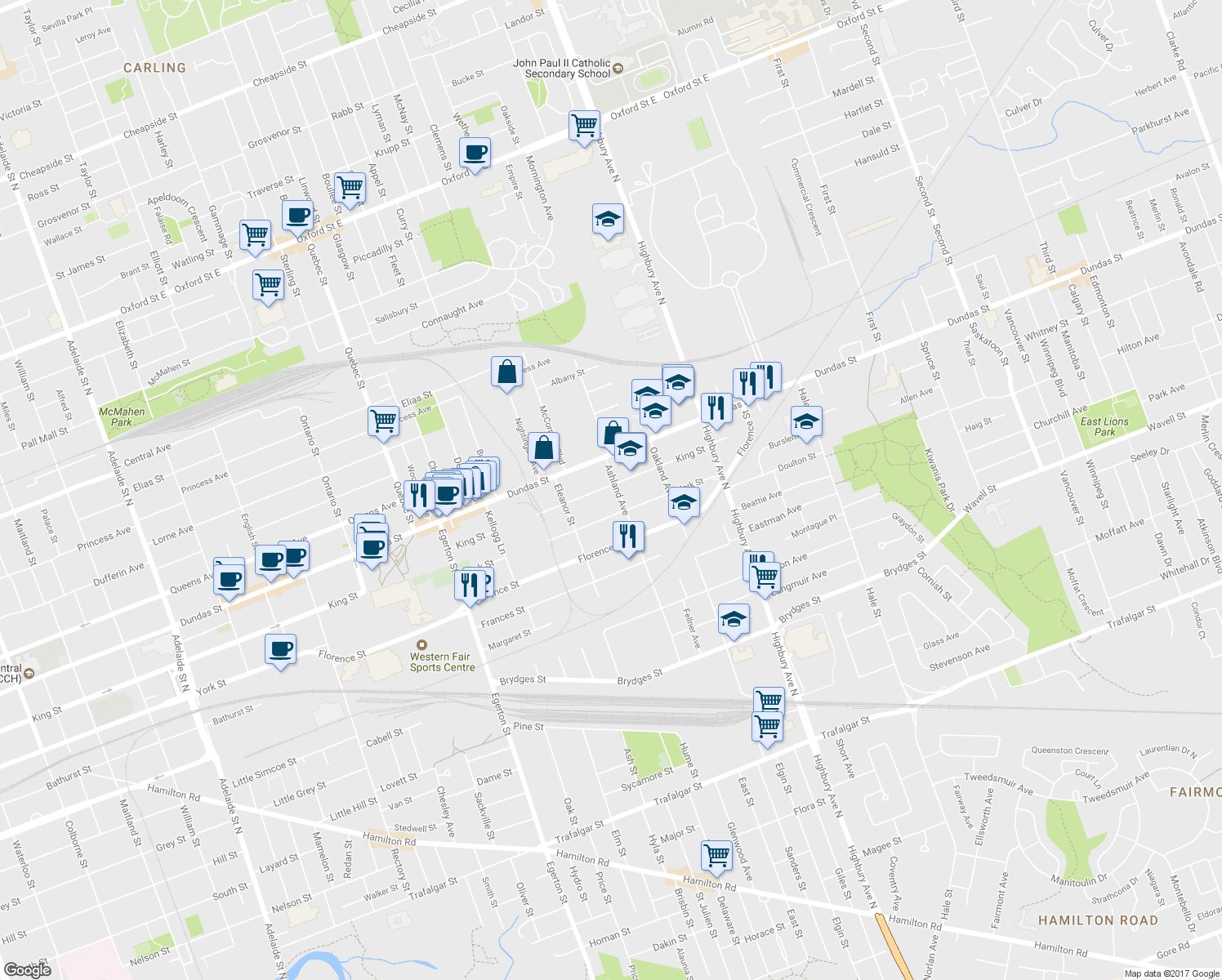 map of restaurants, bars, coffee shops, grocery stores, and more near 384 Ashland Avenue in London