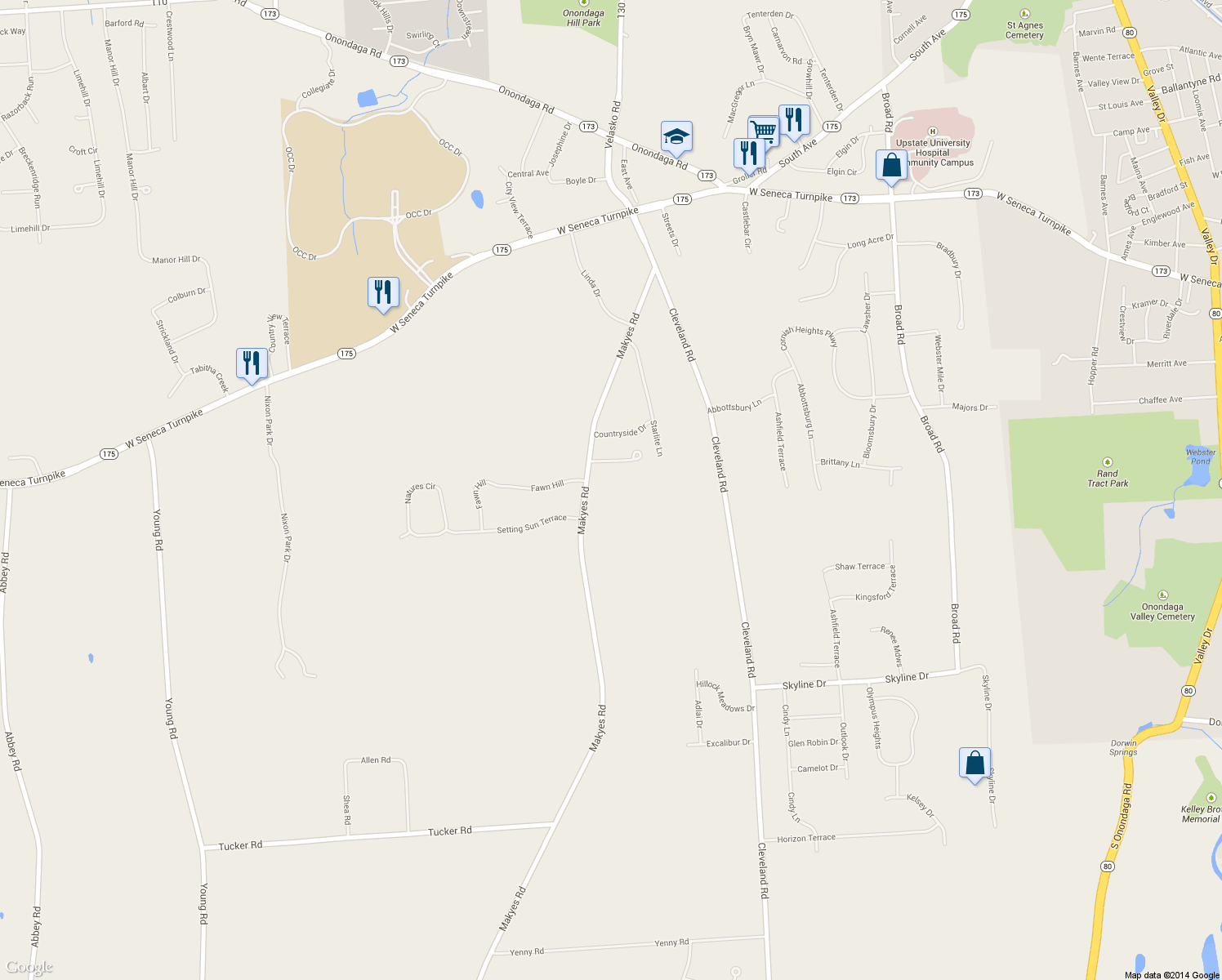 map of restaurants, bars, coffee shops, grocery stores, and more near 4624 Makyes Road in Syracuse
