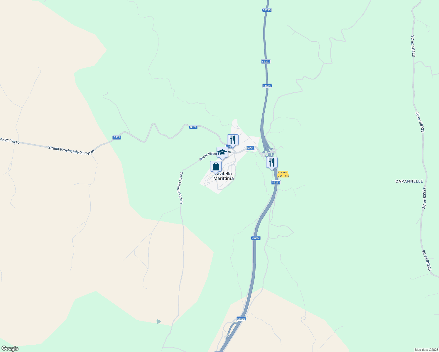 map of restaurants, bars, coffee shops, grocery stores, and more near in Civitella Marittima