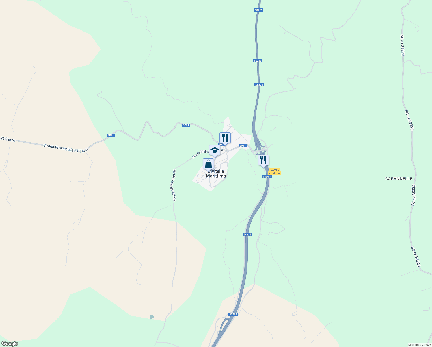 map of restaurants, bars, coffee shops, grocery stores, and more near in Civitella Marittima