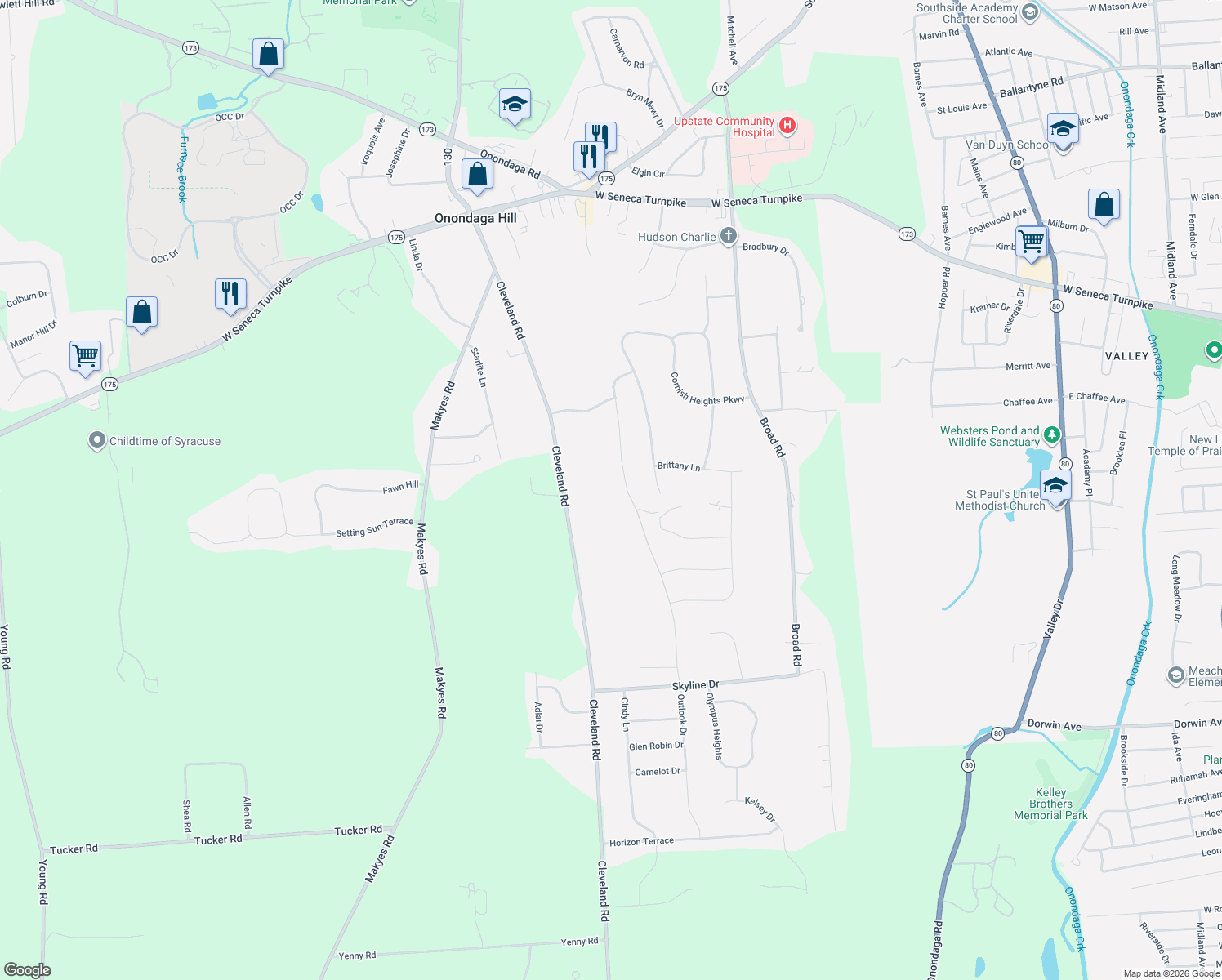 map of restaurants, bars, coffee shops, grocery stores, and more near 4541 Ashfield Terrace in Syracuse