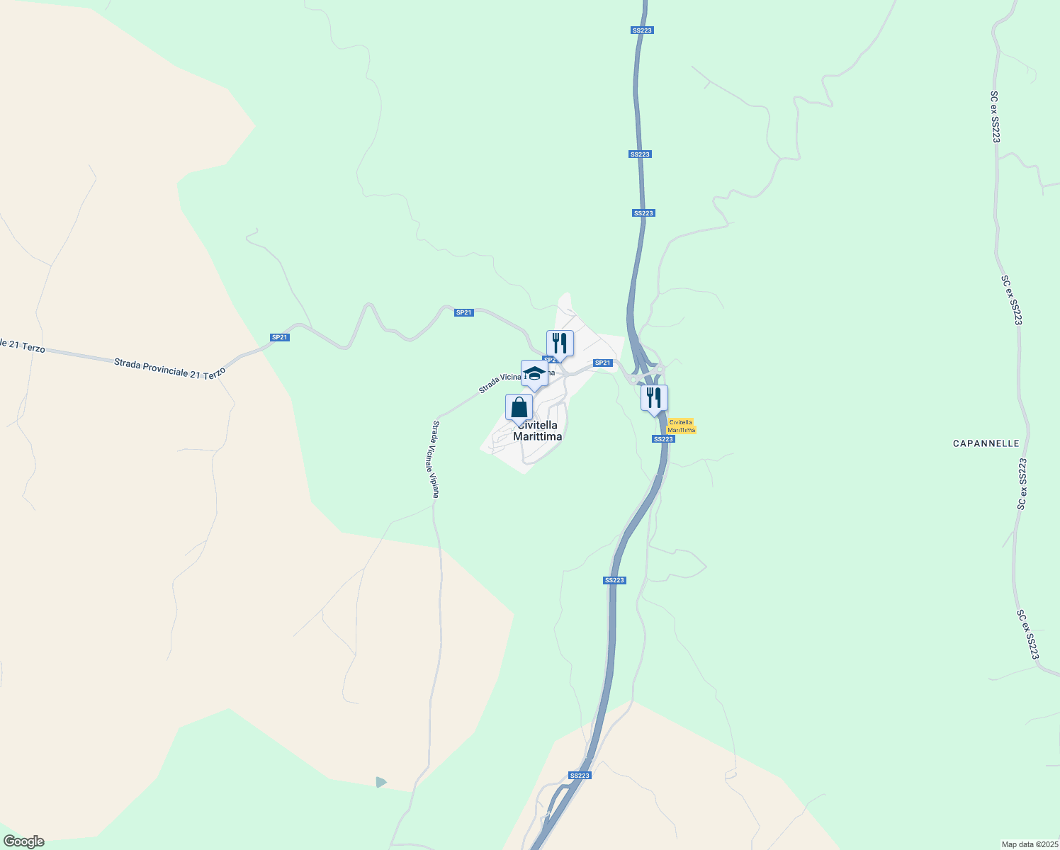 map of restaurants, bars, coffee shops, grocery stores, and more near 1 Via I Maggio in Civitella Marittima