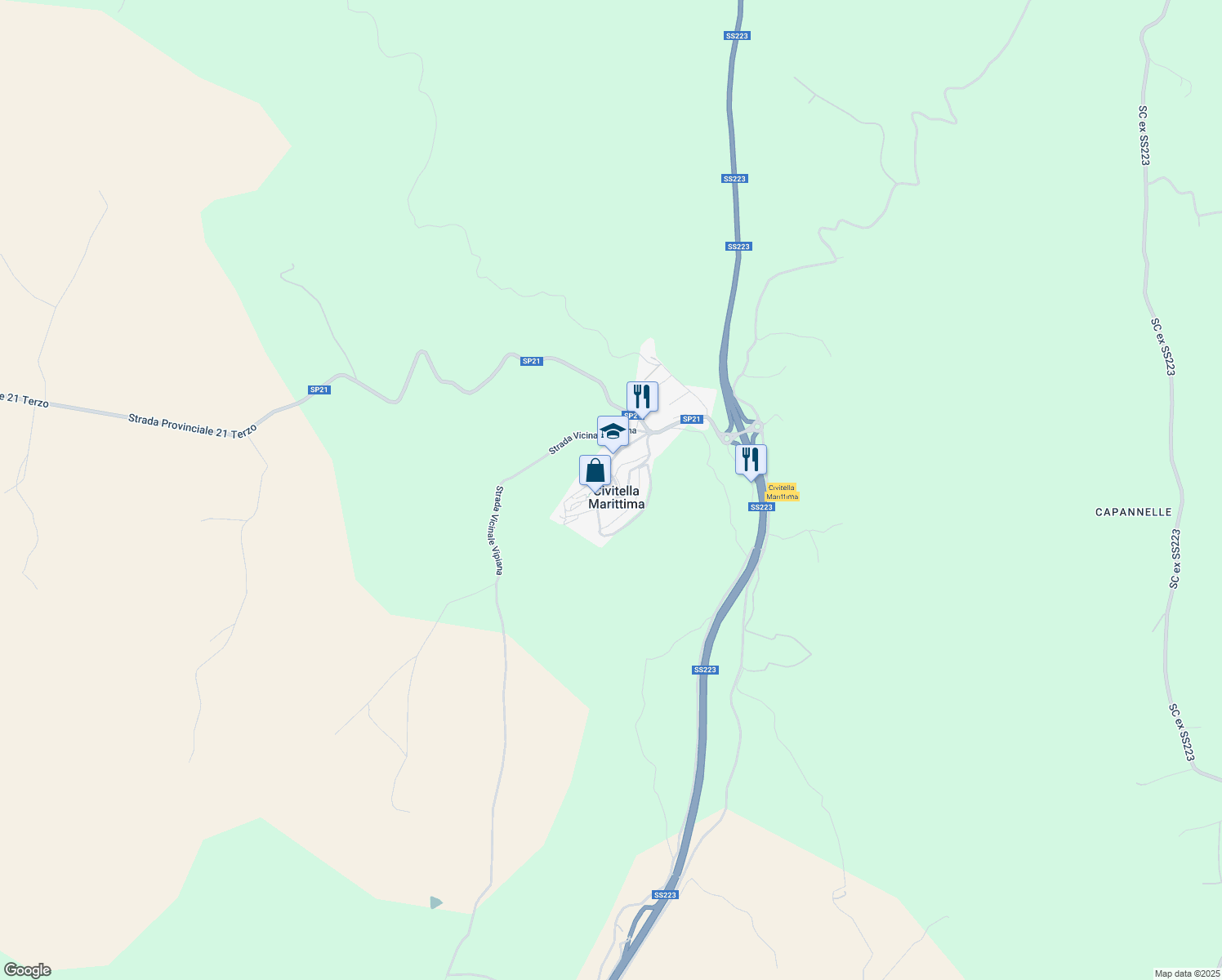 map of restaurants, bars, coffee shops, grocery stores, and more near 1 Via I Maggio in Civitella Marittima