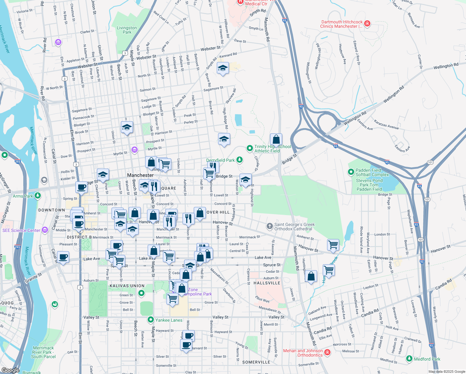 map of restaurants, bars, coffee shops, grocery stores, and more near 467 East High Street in Manchester