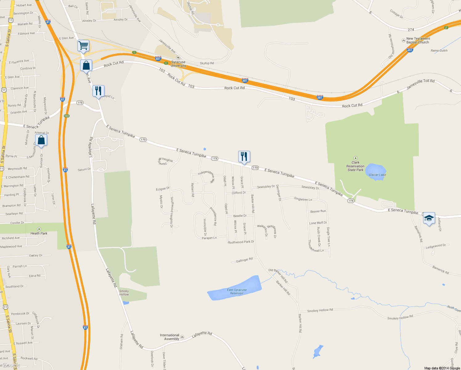 map of restaurants, bars, coffee shops, grocery stores, and more near 4611 Wilcox Place in Jamesville