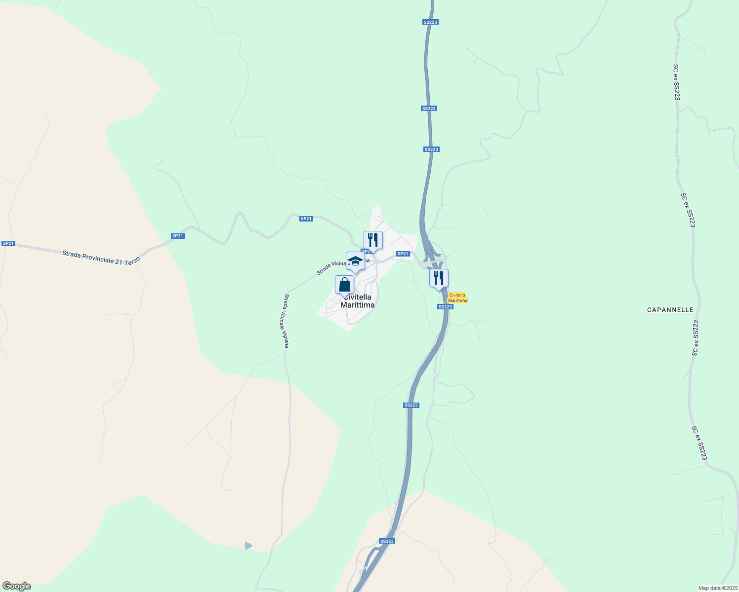 map of restaurants, bars, coffee shops, grocery stores, and more near Strada Provinciale Terzo in Civitella Marittima