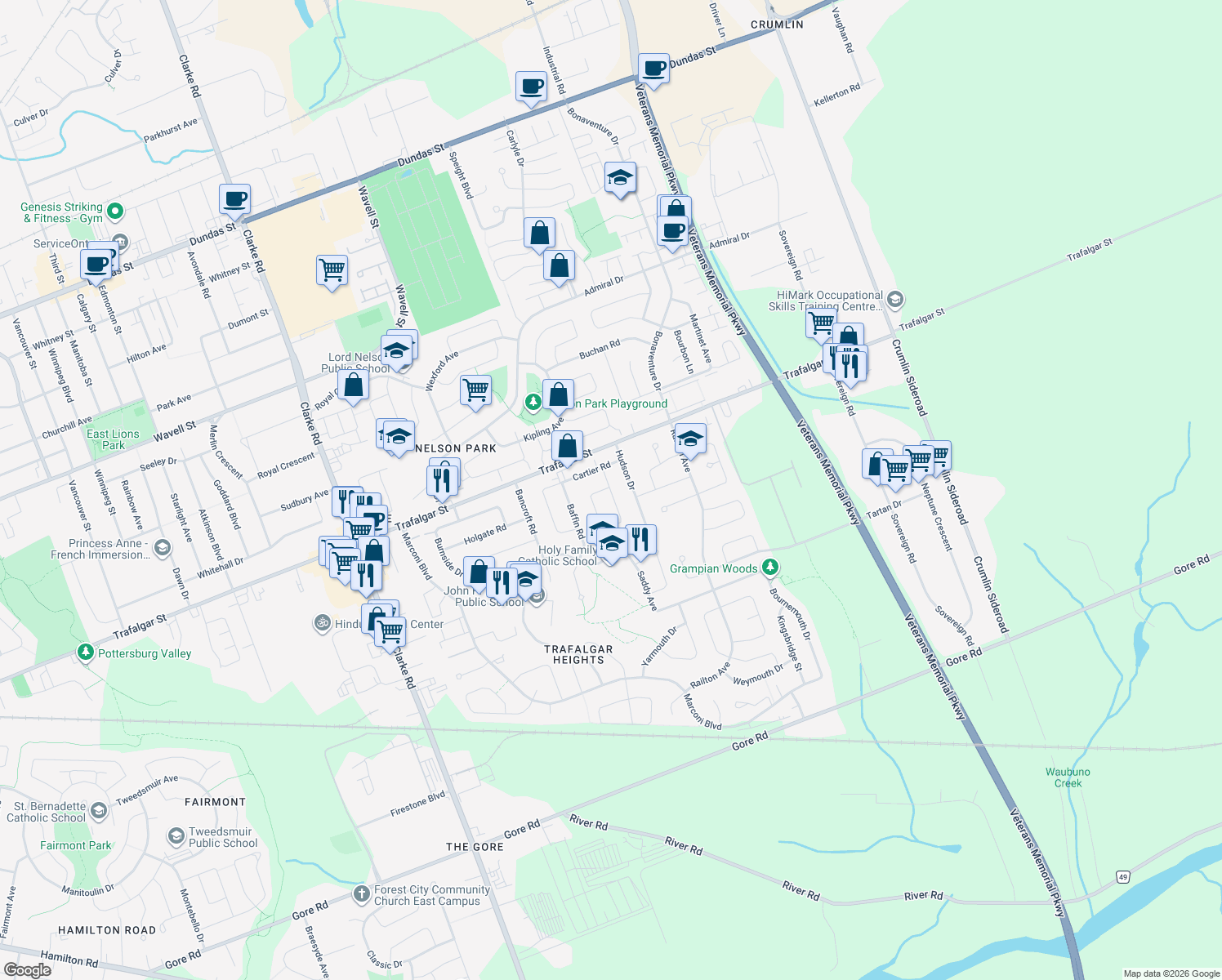 map of restaurants, bars, coffee shops, grocery stores, and more near 133 Champlain Crescent in London