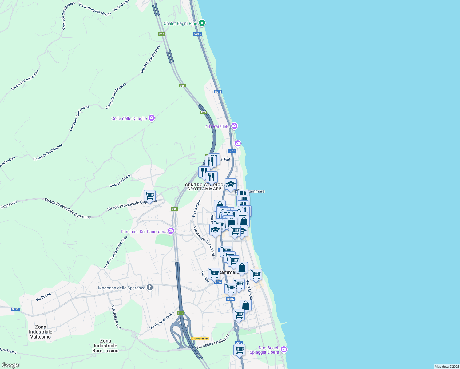 map of restaurants, bars, coffee shops, grocery stores, and more near 11 Via Ponte Lungo in Grottammare