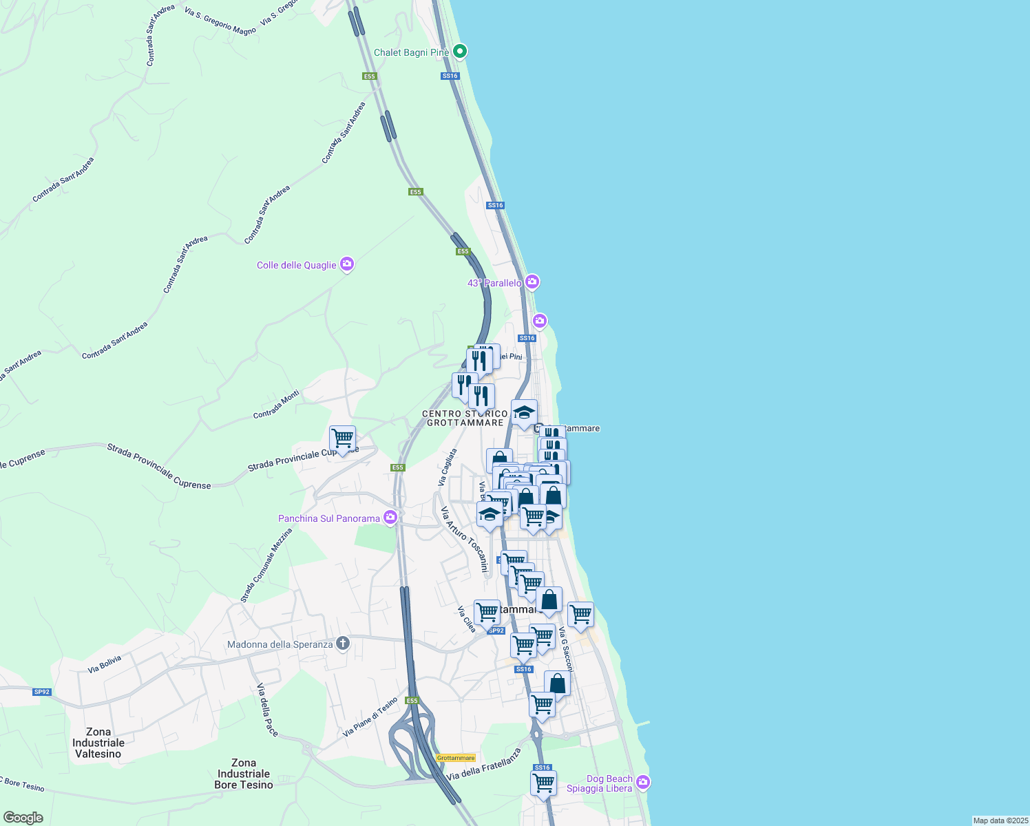 map of restaurants, bars, coffee shops, grocery stores, and more near 11 Via Ponte Lungo in Grottammare
