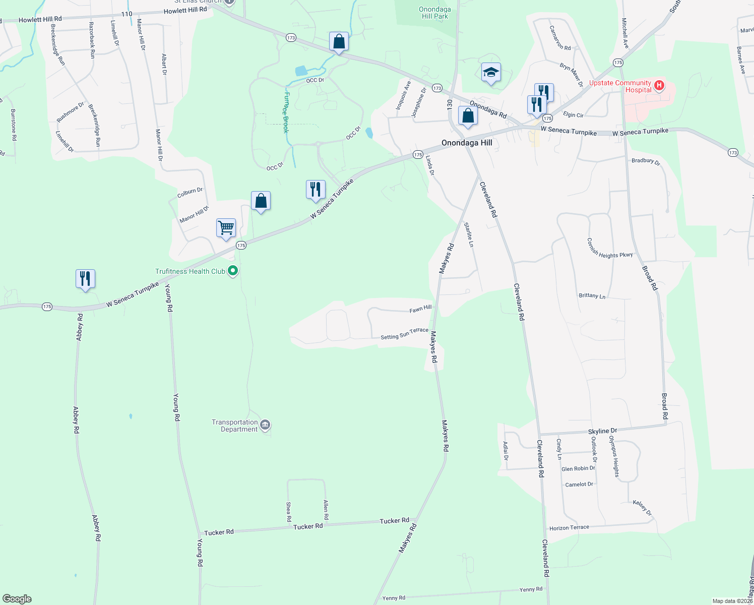 map of restaurants, bars, coffee shops, grocery stores, and more near 4749 Fawn Hill in Syracuse
