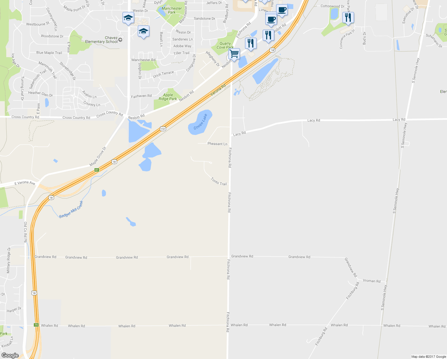 map of restaurants, bars, coffee shops, grocery stores, and more near 2552 Tonto Trail in Verona