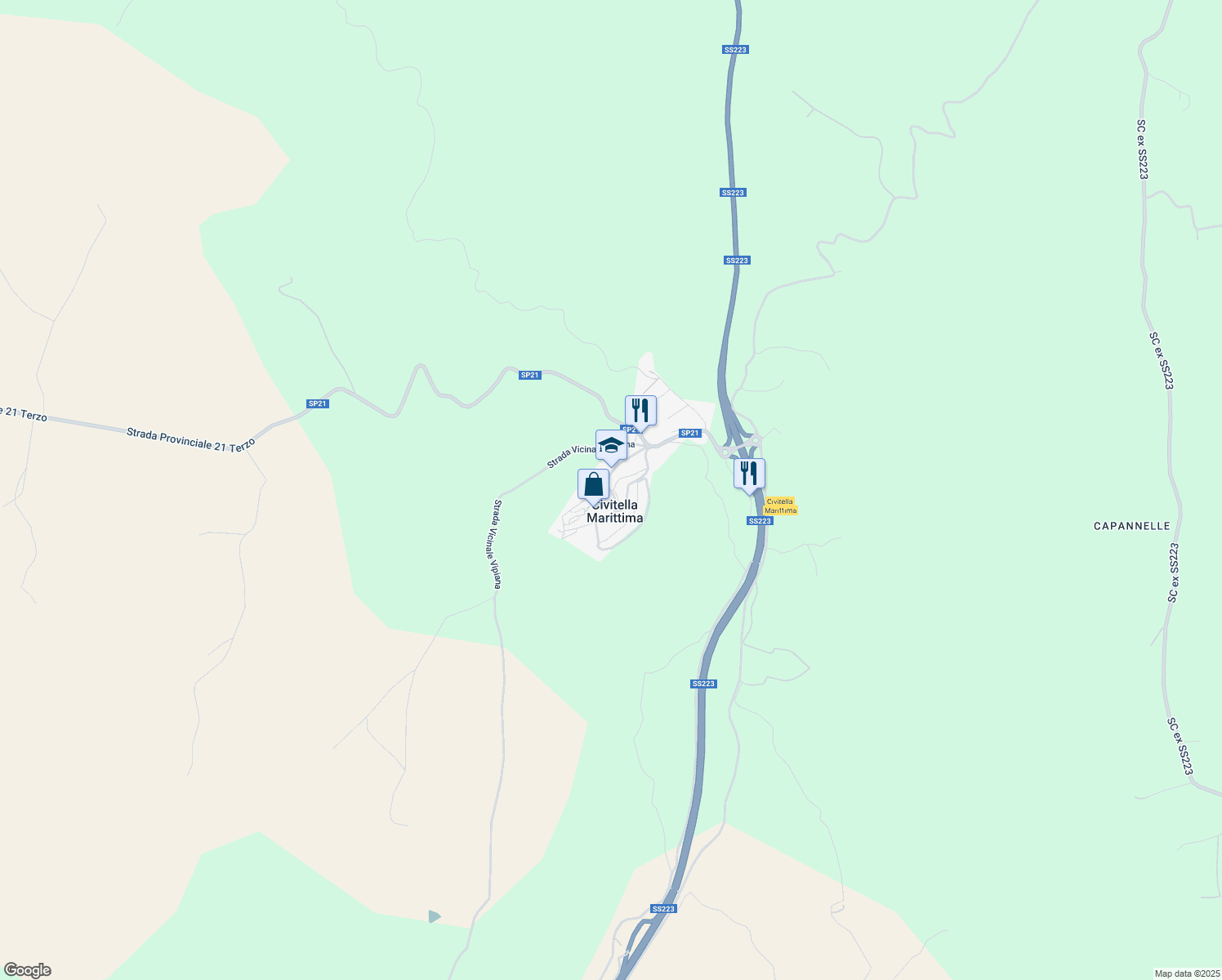 map of restaurants, bars, coffee shops, grocery stores, and more near 1 Via I Maggio in Civitella Marittima