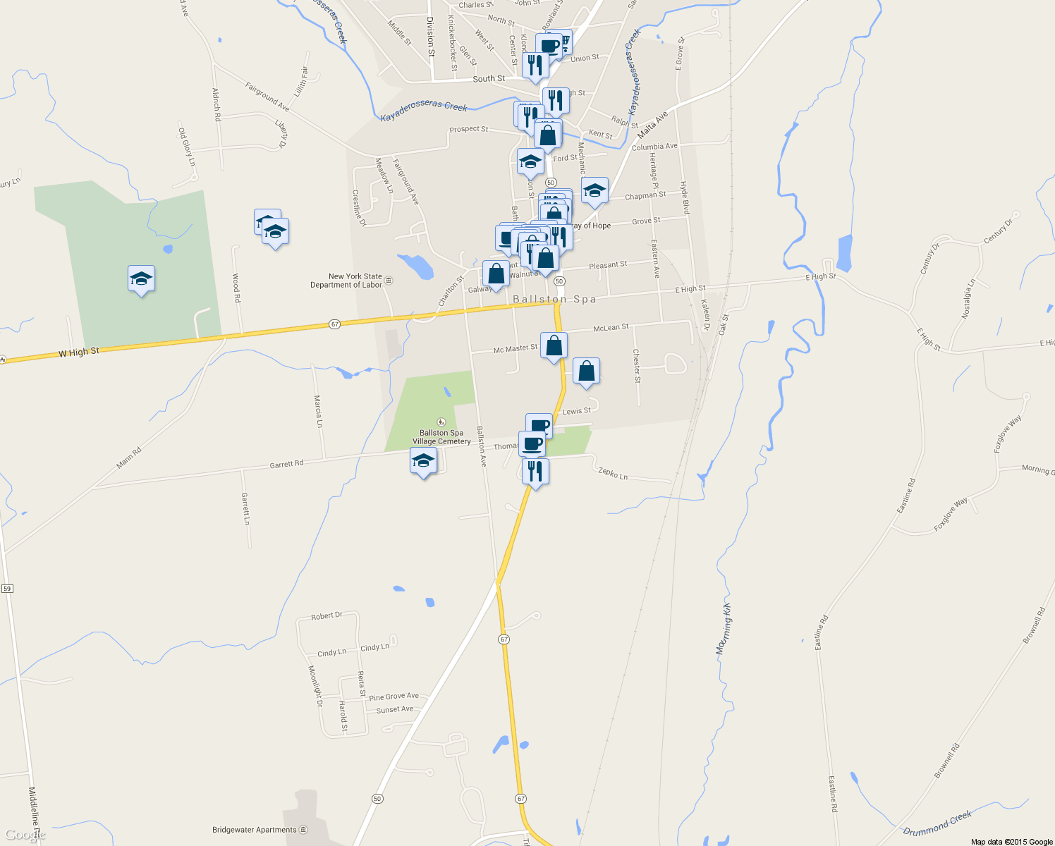 map of restaurants, bars, coffee shops, grocery stores, and more near 16 Rosewood Court in Ballston Spa