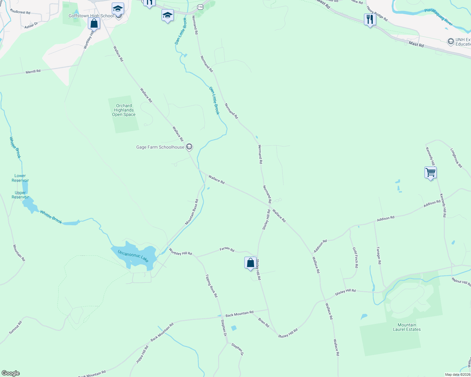 map of restaurants, bars, coffee shops, grocery stores, and more near 293 Wallace Road in Goffstown
