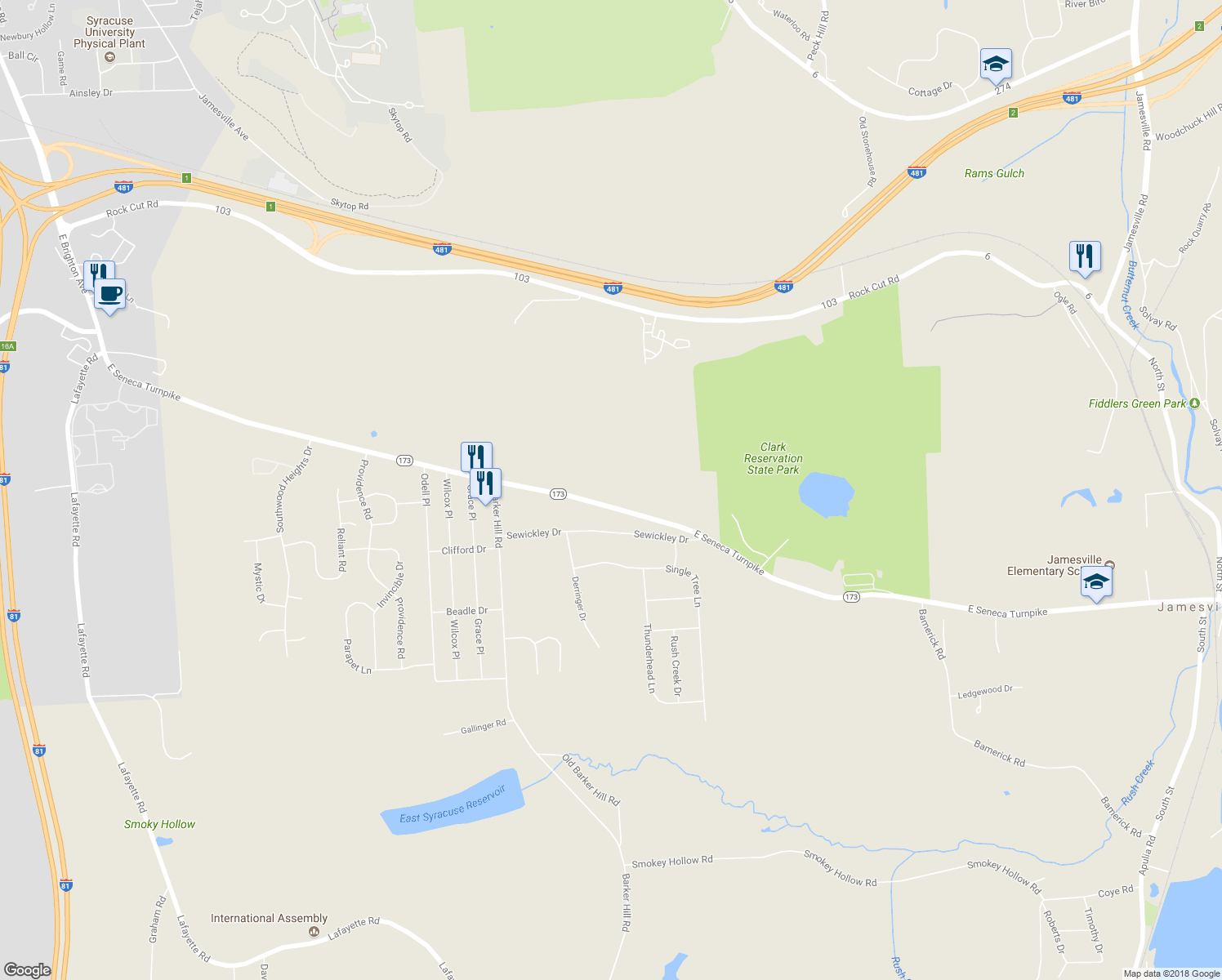 map of restaurants, bars, coffee shops, grocery stores, and more near 6033 East Seneca Turnpike in Jamesville