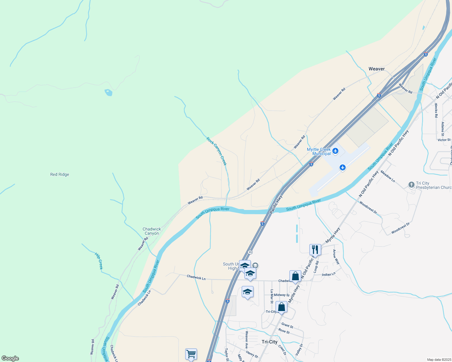 map of restaurants, bars, coffee shops, grocery stores, and more near 1813 Weaver Road in Myrtle Creek