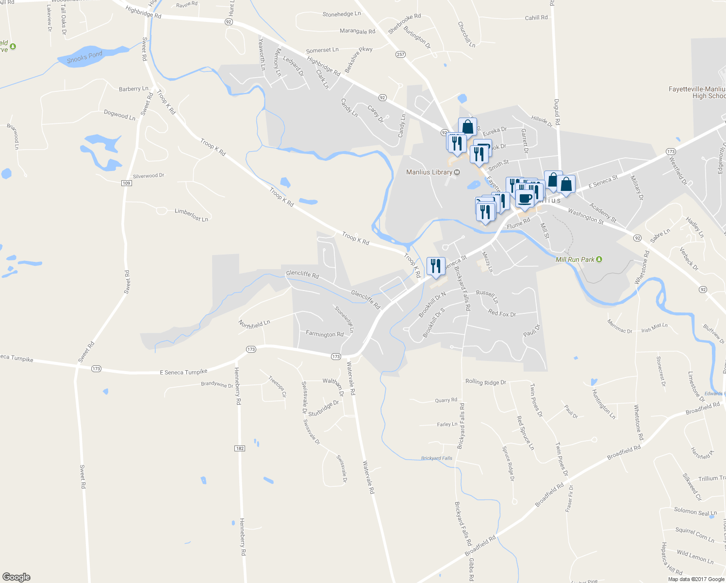 map of restaurants, bars, coffee shops, grocery stores, and more near 4622 Glencliffe Road in Manlius