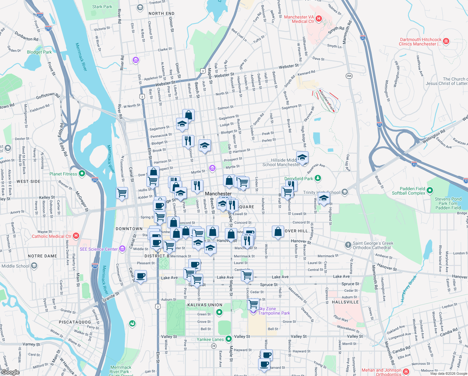 map of restaurants, bars, coffee shops, grocery stores, and more near 19-37 Arlington Street in Manchester