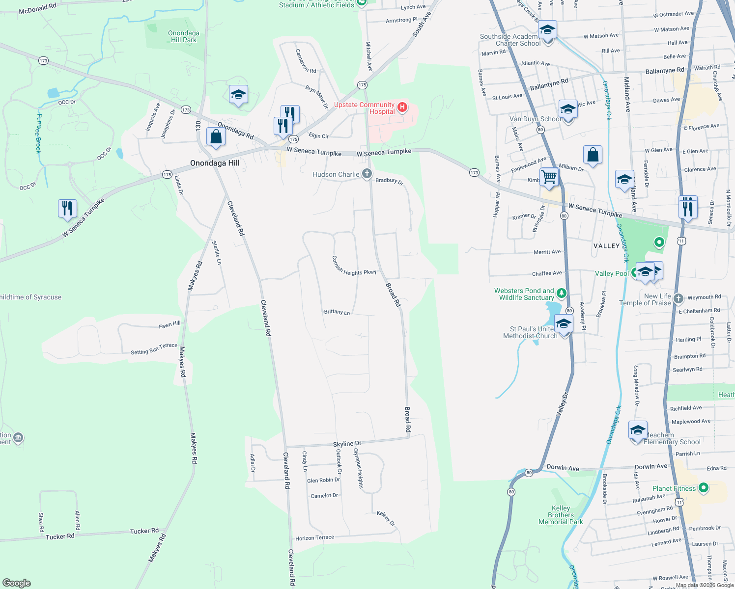 map of restaurants, bars, coffee shops, grocery stores, and more near 4592 Bloomsbury Drive in Syracuse