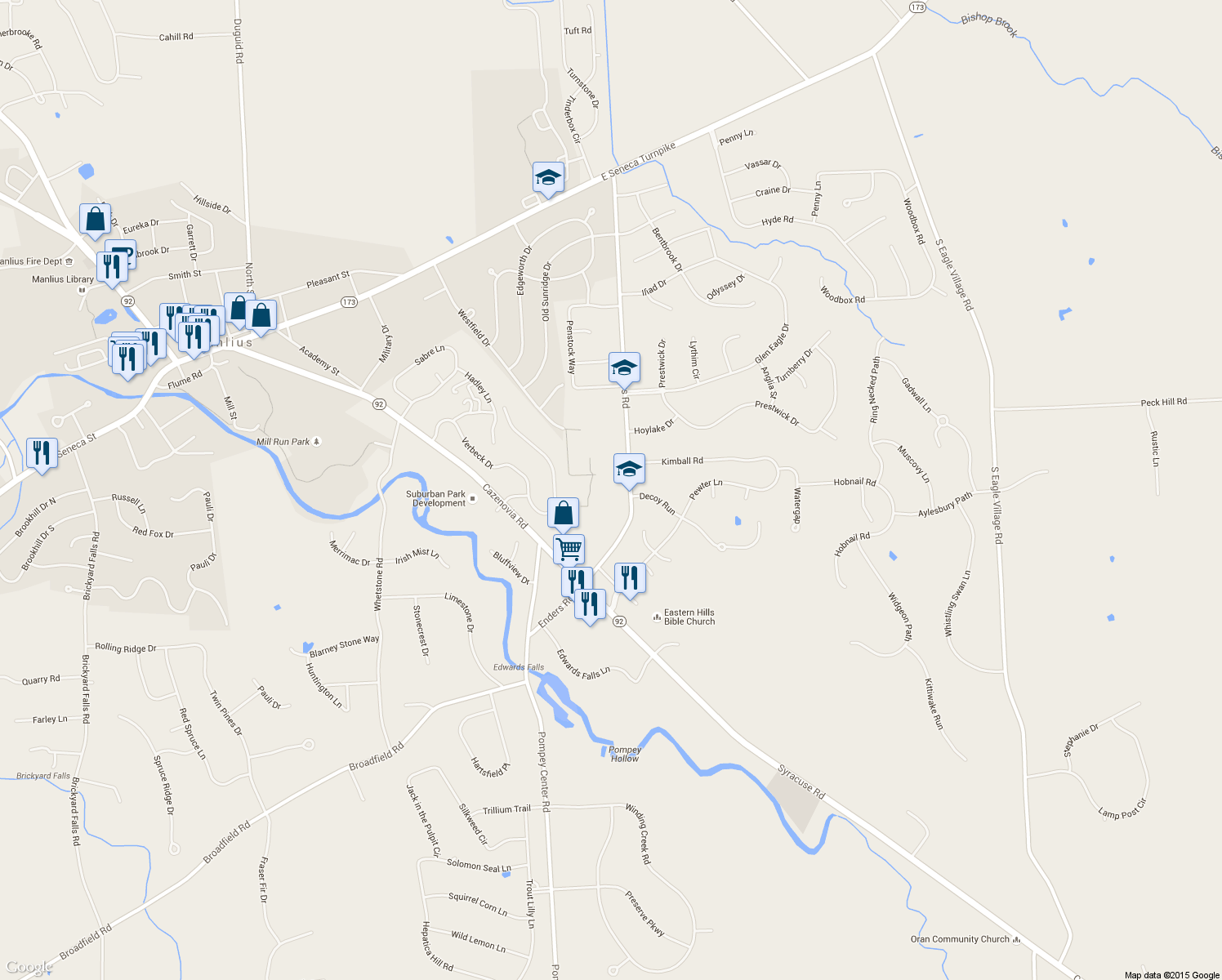 map of restaurants, bars, coffee shops, grocery stores, and more near 4645 Enders Road in Manlius