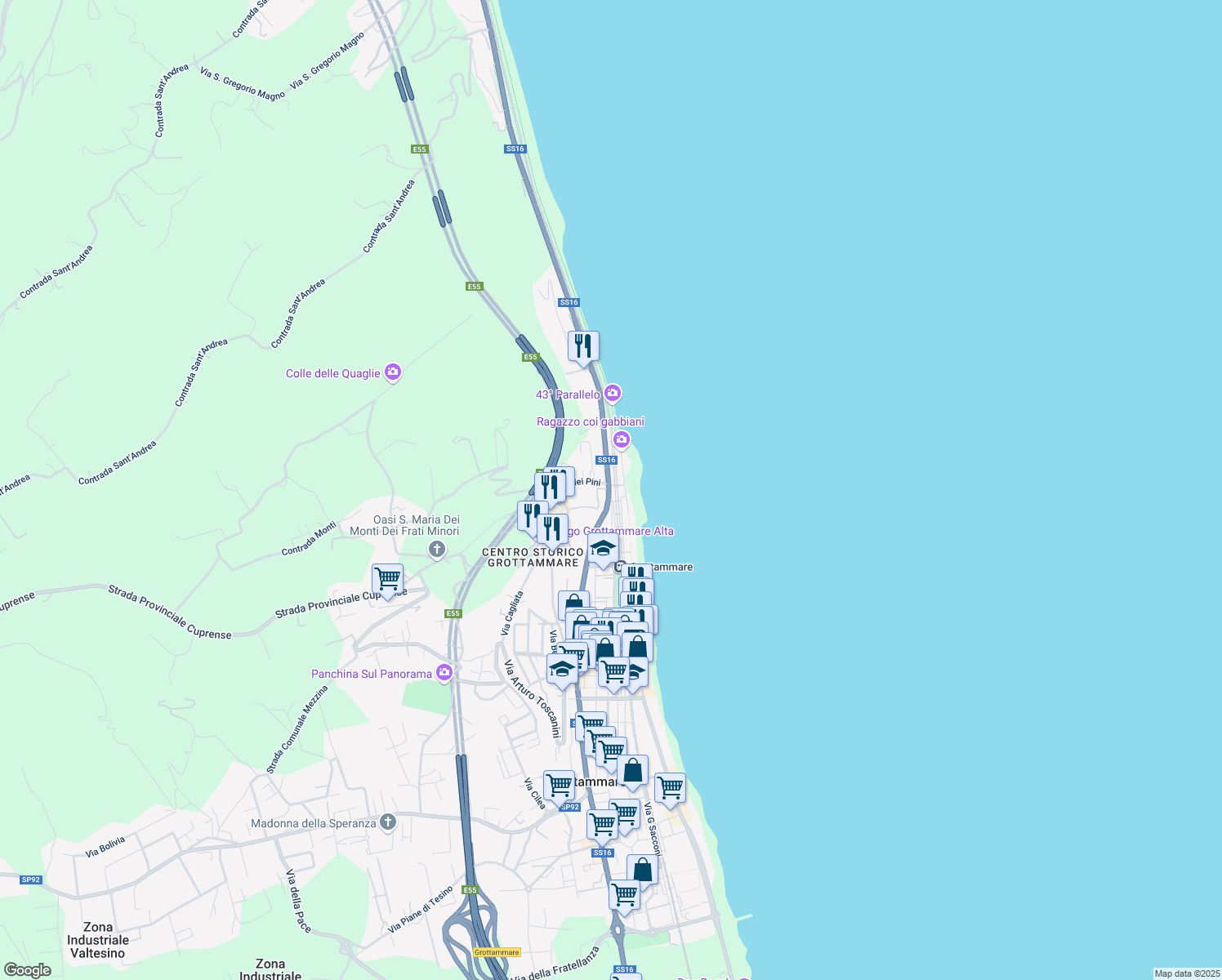map of restaurants, bars, coffee shops, grocery stores, and more near 128 Strada Statale 16 in Grottammare