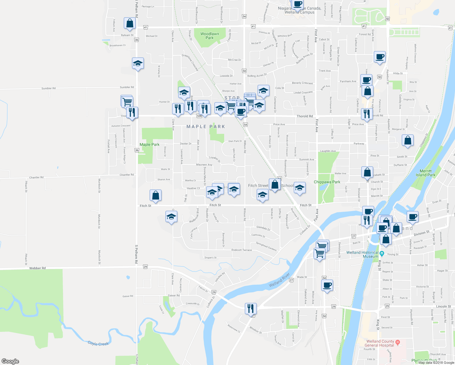 map of restaurants, bars, coffee shops, grocery stores, and more near 31 Westwood Crescent in Welland