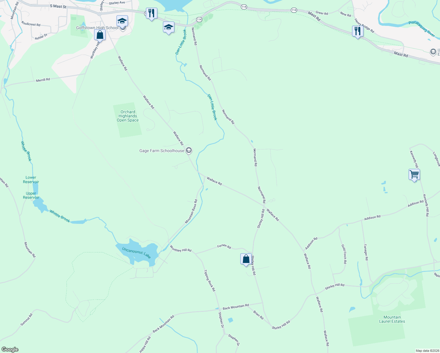 map of restaurants, bars, coffee shops, grocery stores, and more near 293 Wallace Road in Goffstown