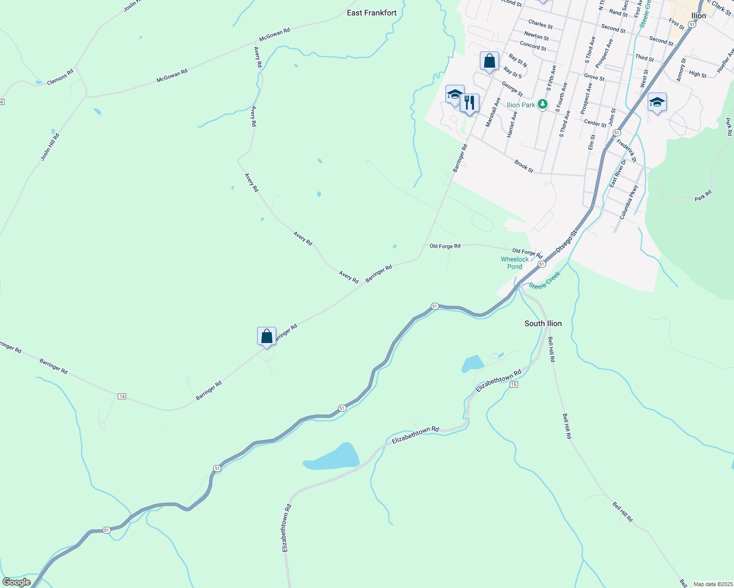map of restaurants, bars, coffee shops, grocery stores, and more near 1612 Barringer Road in Ilion