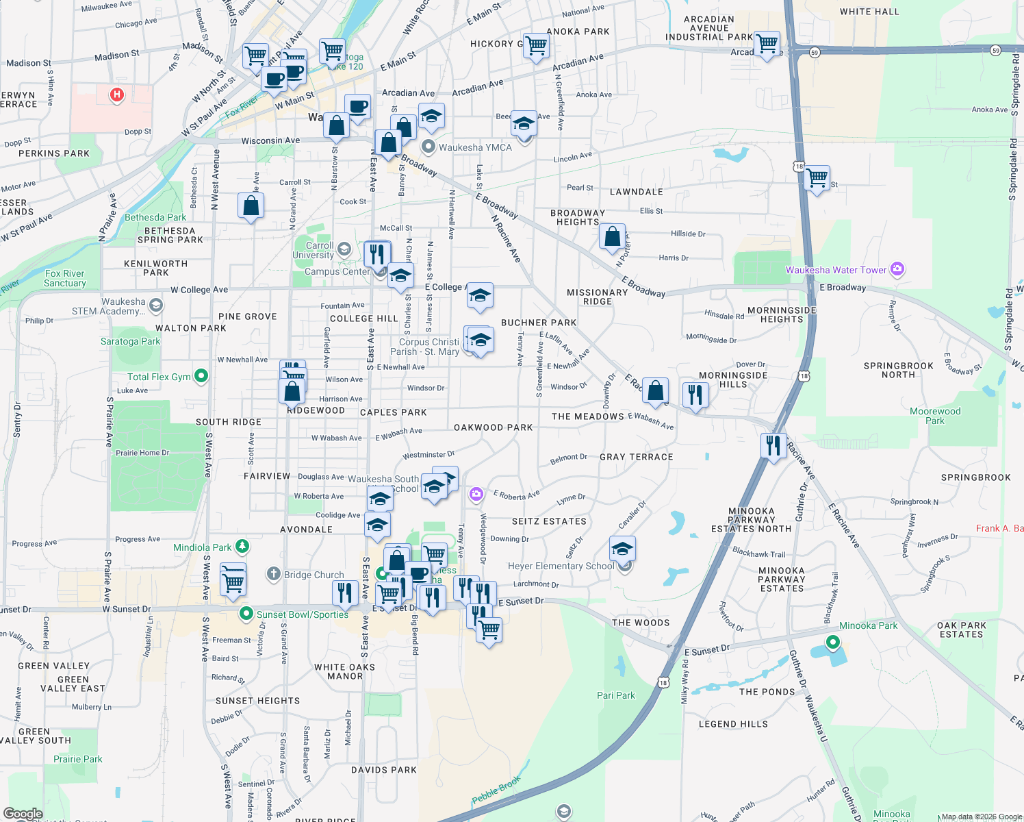map of restaurants, bars, coffee shops, grocery stores, and more near 735 Oxford Road in Waukesha