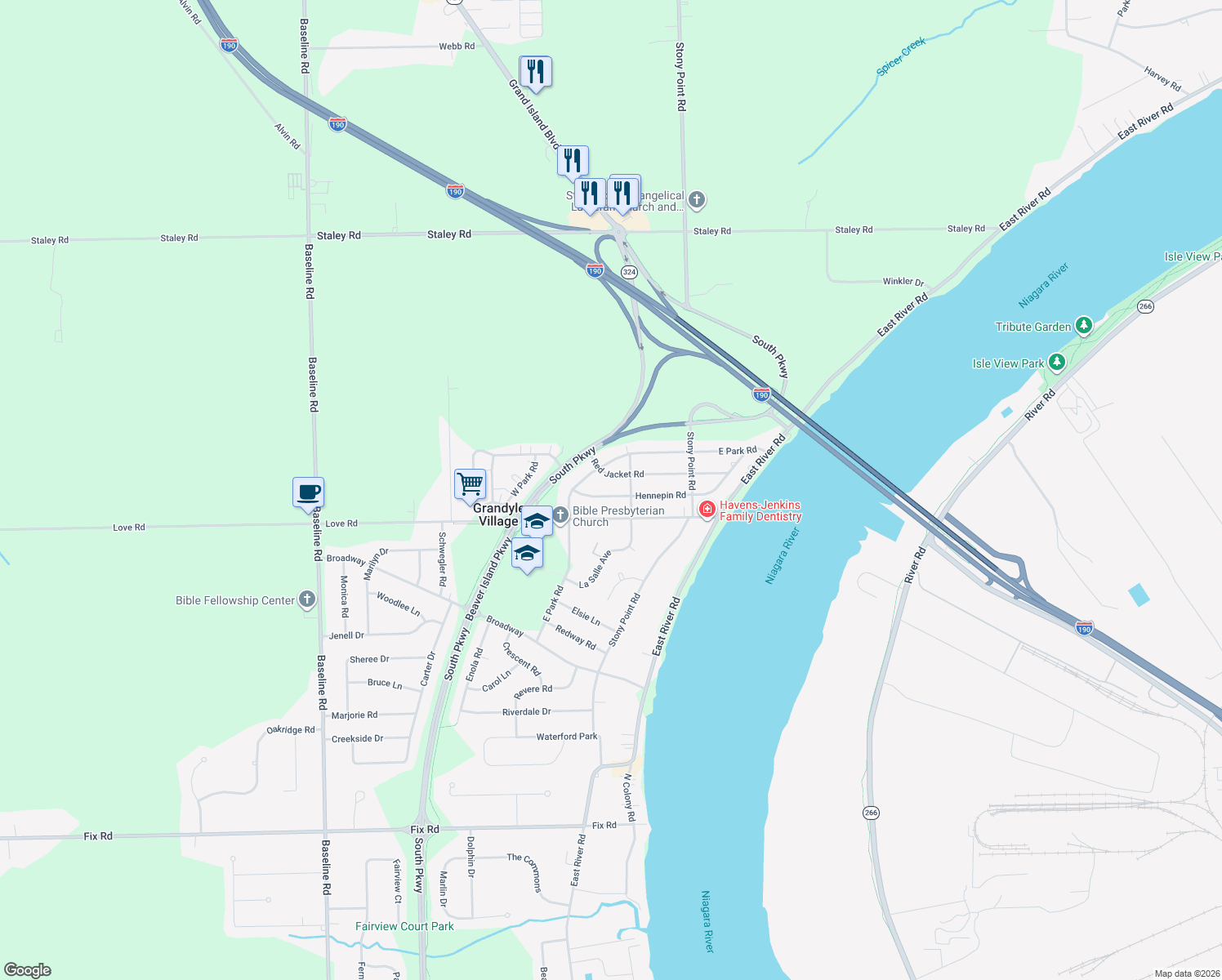 map of restaurants, bars, coffee shops, grocery stores, and more near 229 Hennepin Road in Grand Island