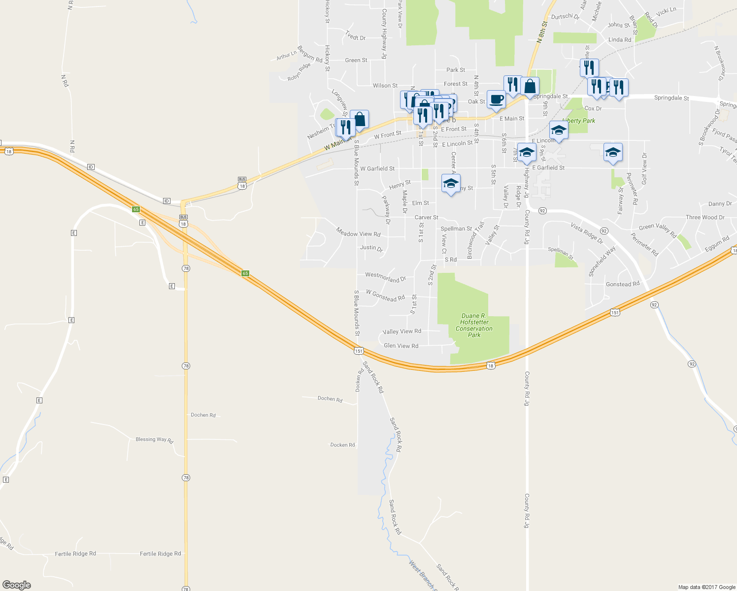 map of restaurants, bars, coffee shops, grocery stores, and more near 207 West Gonstead Road in Mount Horeb