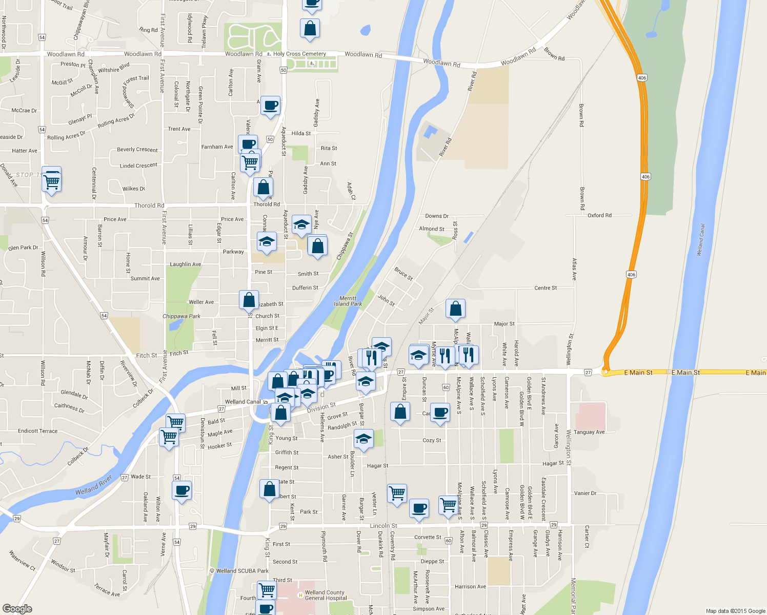 map of restaurants, bars, coffee shops, grocery stores, and more near 87 Margery Road in Welland