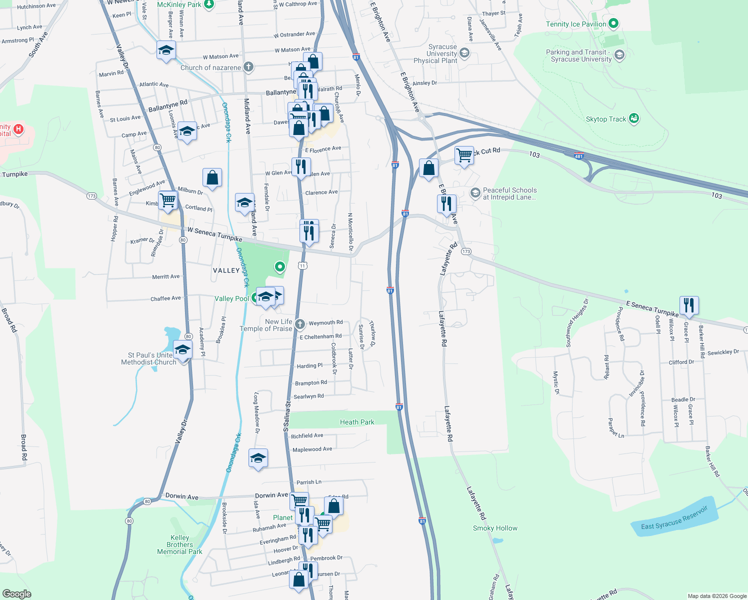 map of restaurants, bars, coffee shops, grocery stores, and more near 139 Sunrise Dr in Syracuse