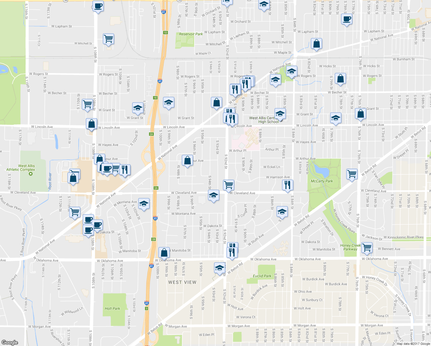 map of restaurants, bars, coffee shops, grocery stores, and more near 2565 South 93rd Street in West Allis