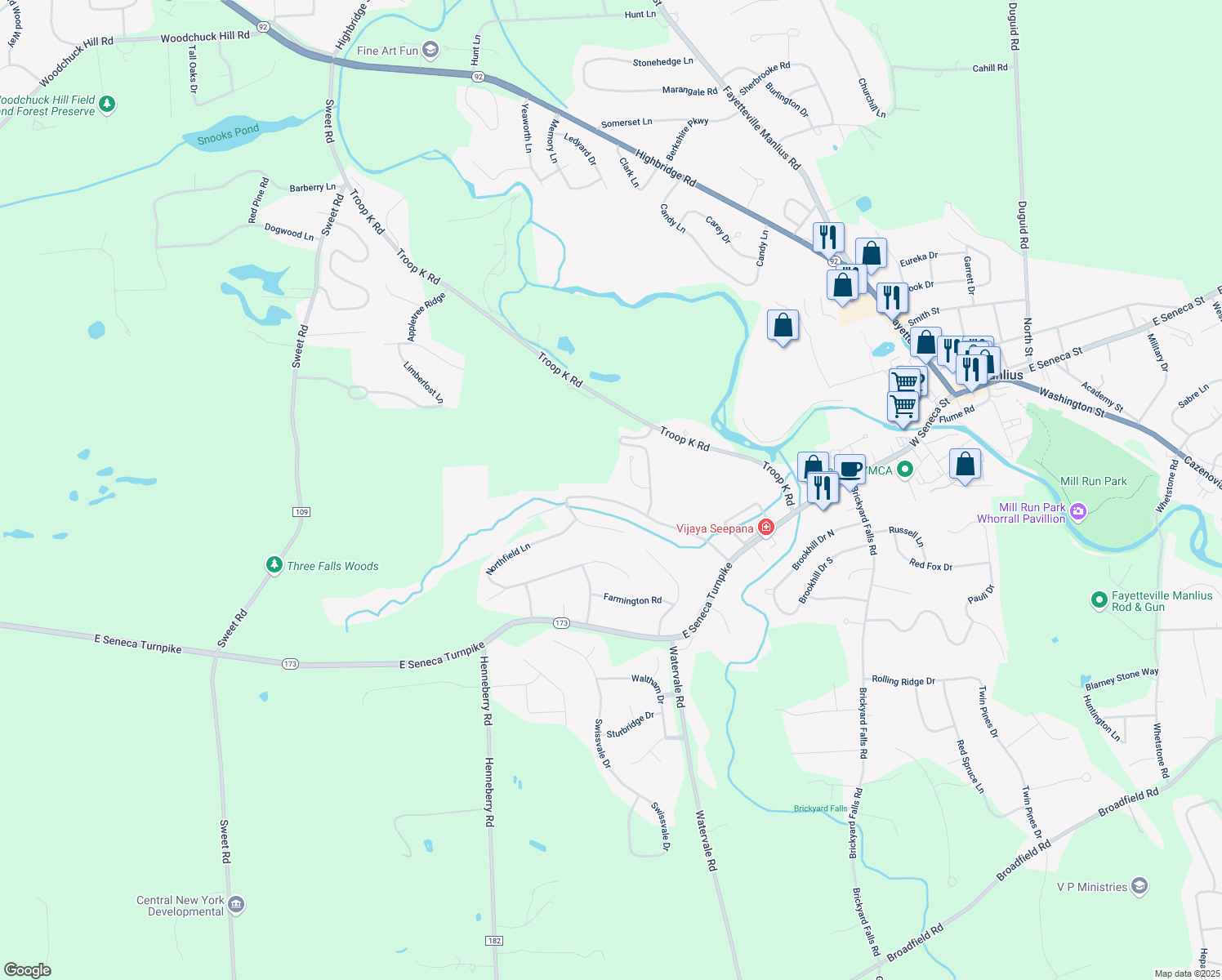 map of restaurants, bars, coffee shops, grocery stores, and more near 4650 Glencliffe Rd in Manlius
