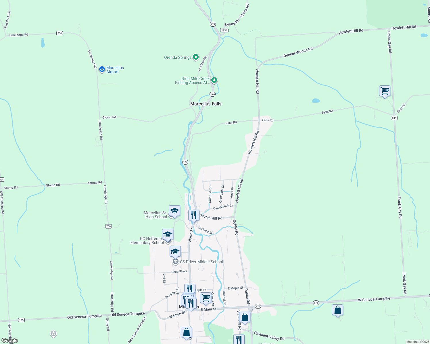 map of restaurants, bars, coffee shops, grocery stores, and more near 2493A Roman Avenue in Marcellus