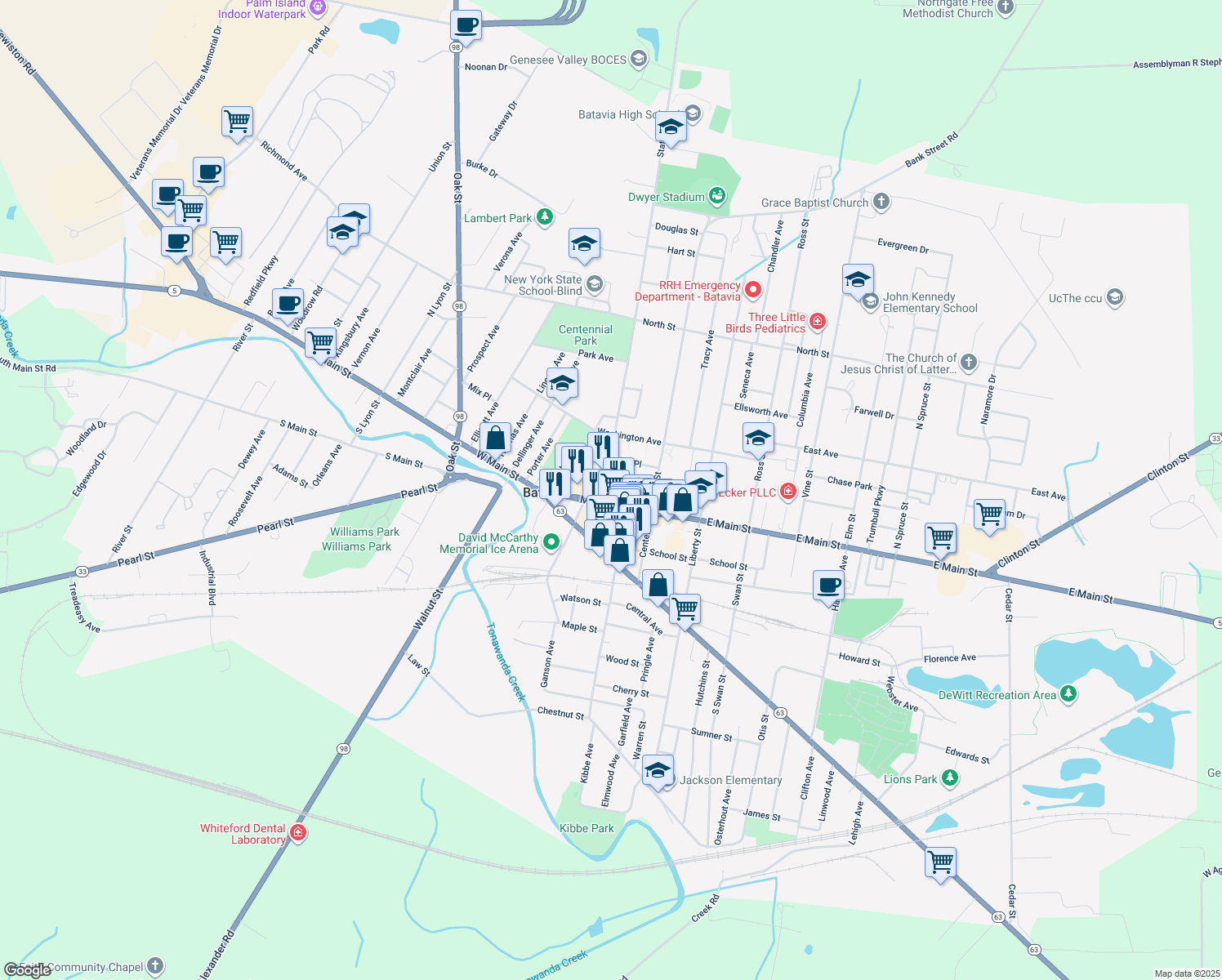 map of restaurants, bars, coffee shops, grocery stores, and more near 1 Batavia City Center in Batavia