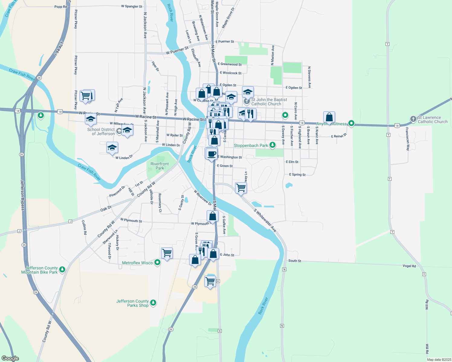 map of restaurants, bars, coffee shops, grocery stores, and more near 714 South Center Avenue in Jefferson