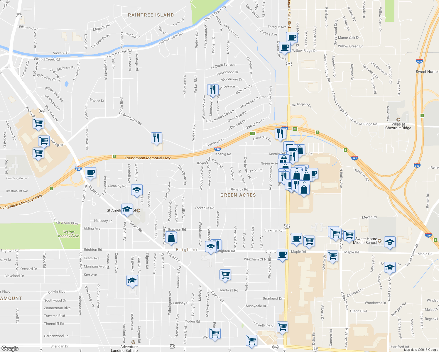 map of restaurants, bars, coffee shops, grocery stores, and more near 310 Green Acres Road in Tonawanda