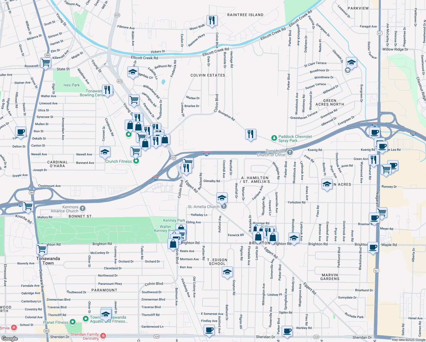 map of restaurants, bars, coffee shops, grocery stores, and more near 16 S Crest Ct in Tonawanda