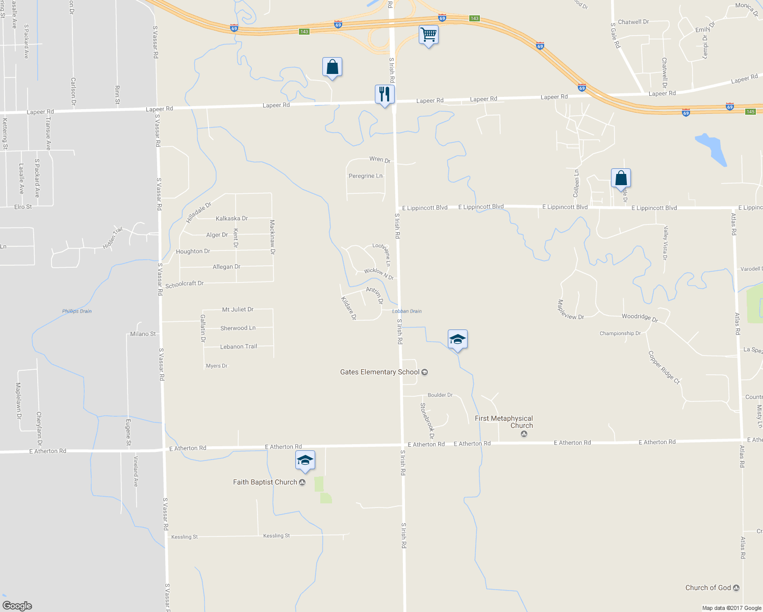 map of restaurants, bars, coffee shops, grocery stores, and more near 2231 Antrim Drive in Davison
