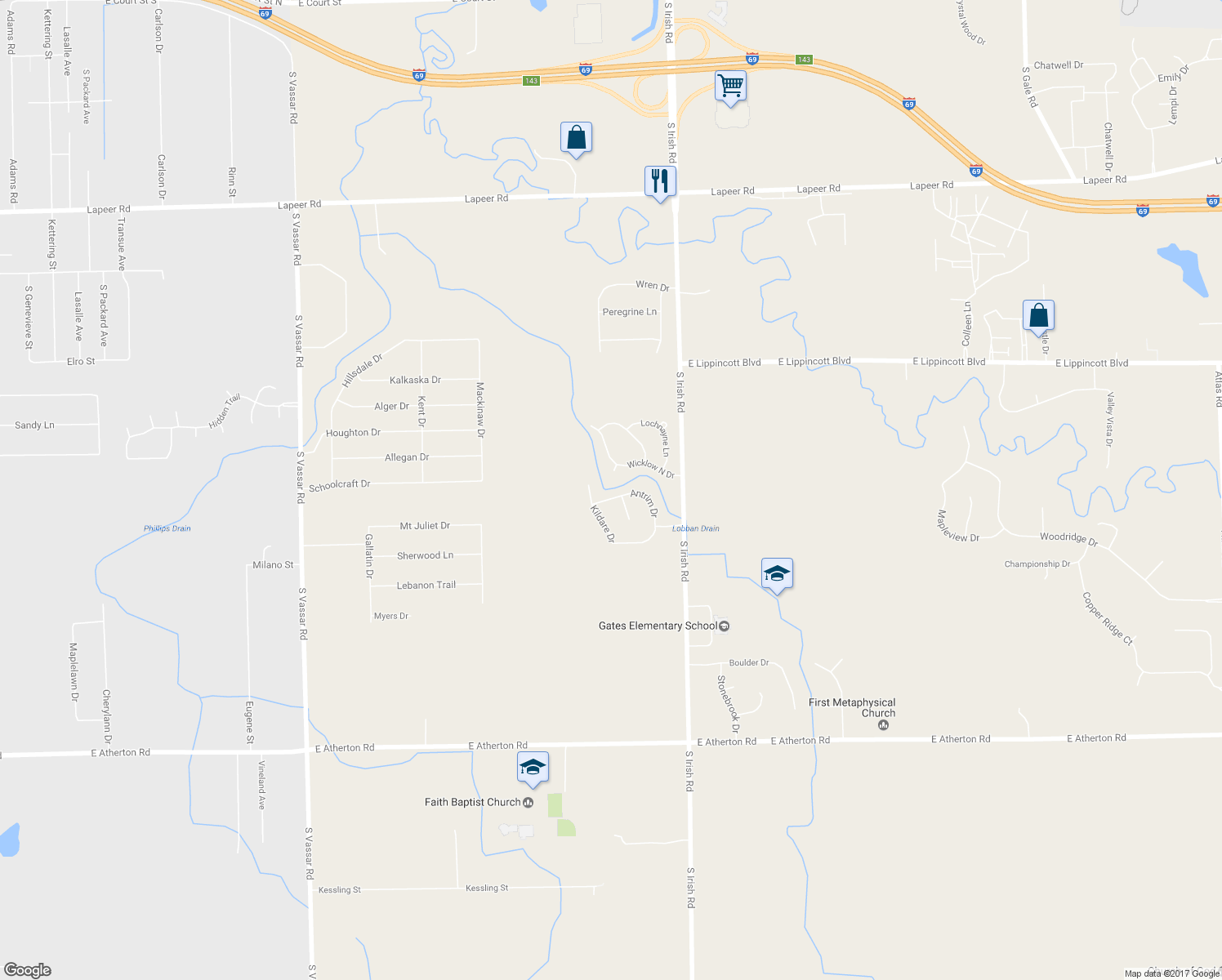 map of restaurants, bars, coffee shops, grocery stores, and more near 2119 Antrim Dr in Davison