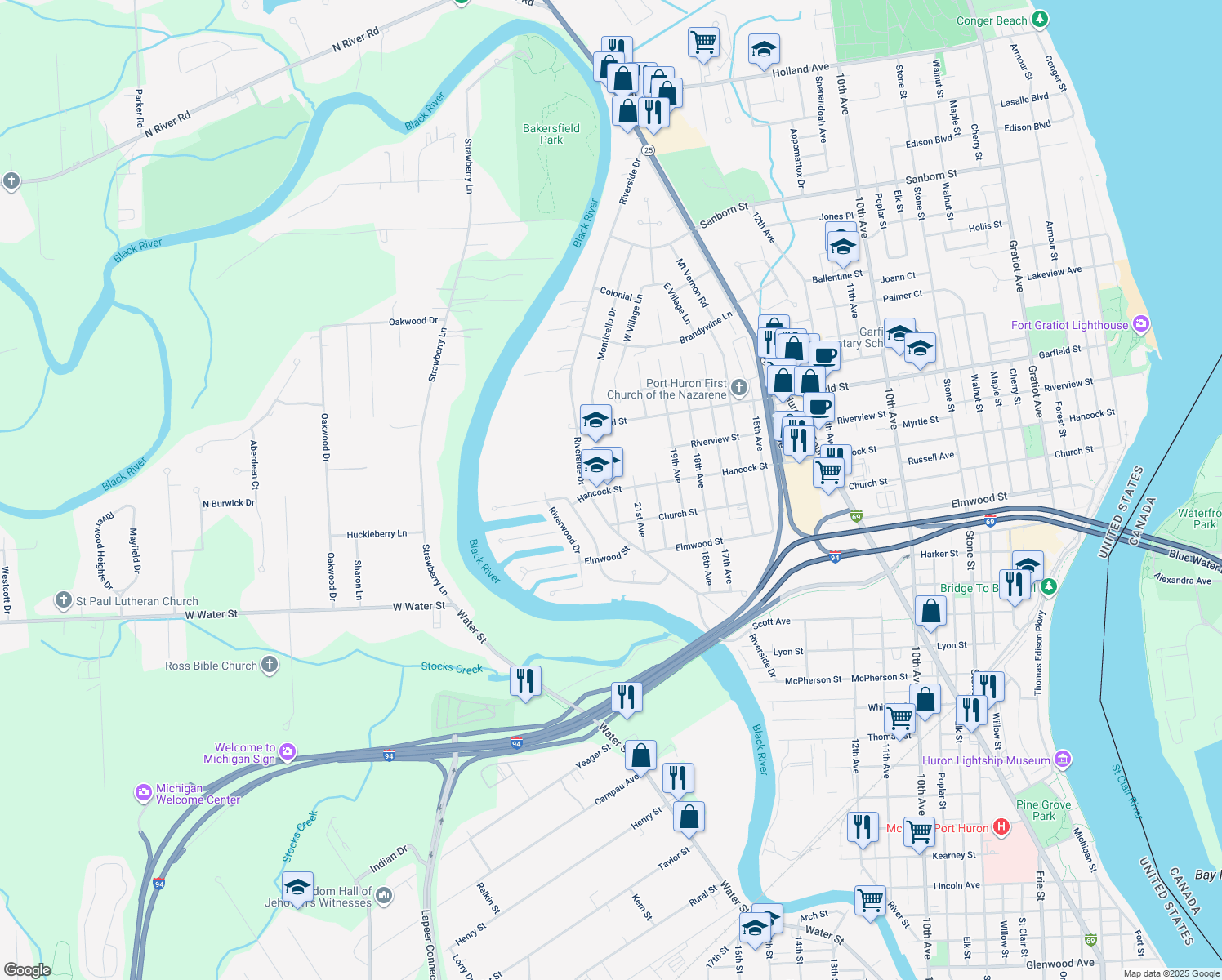 map of restaurants, bars, coffee shops, grocery stores, and more near 2602 Hancock Street in Port Huron
