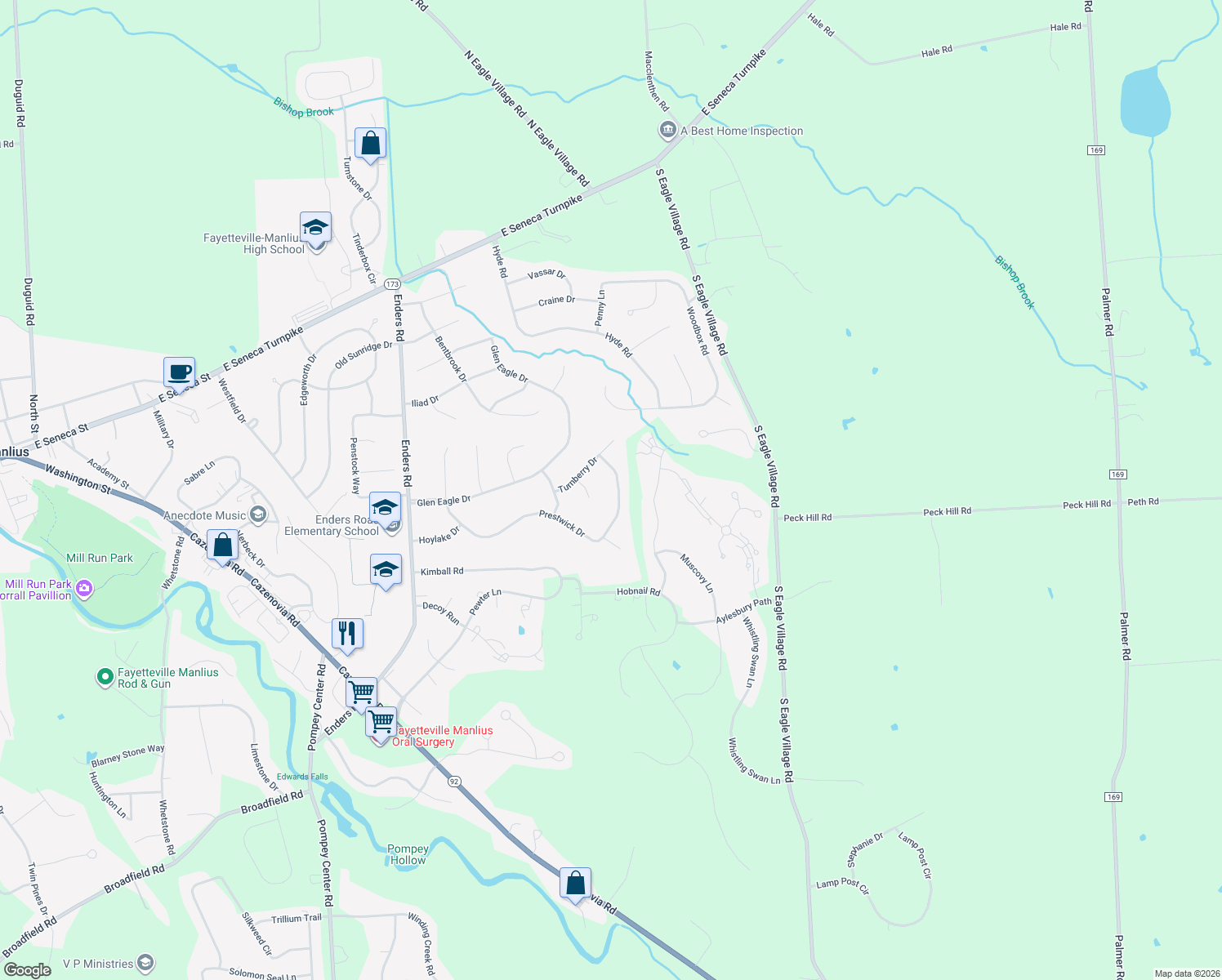 map of restaurants, bars, coffee shops, grocery stores, and more near 8435 Prestwick Dr in Manlius