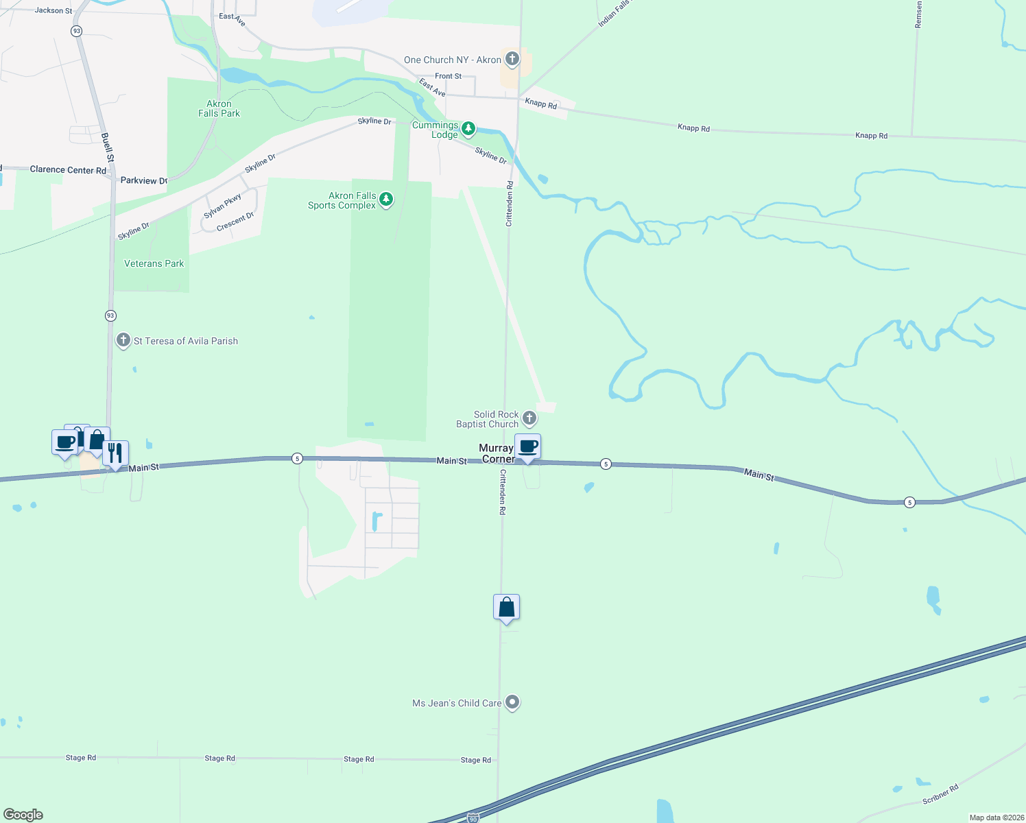 map of restaurants, bars, coffee shops, grocery stores, and more near 5665 Crittenden Rd in Akron