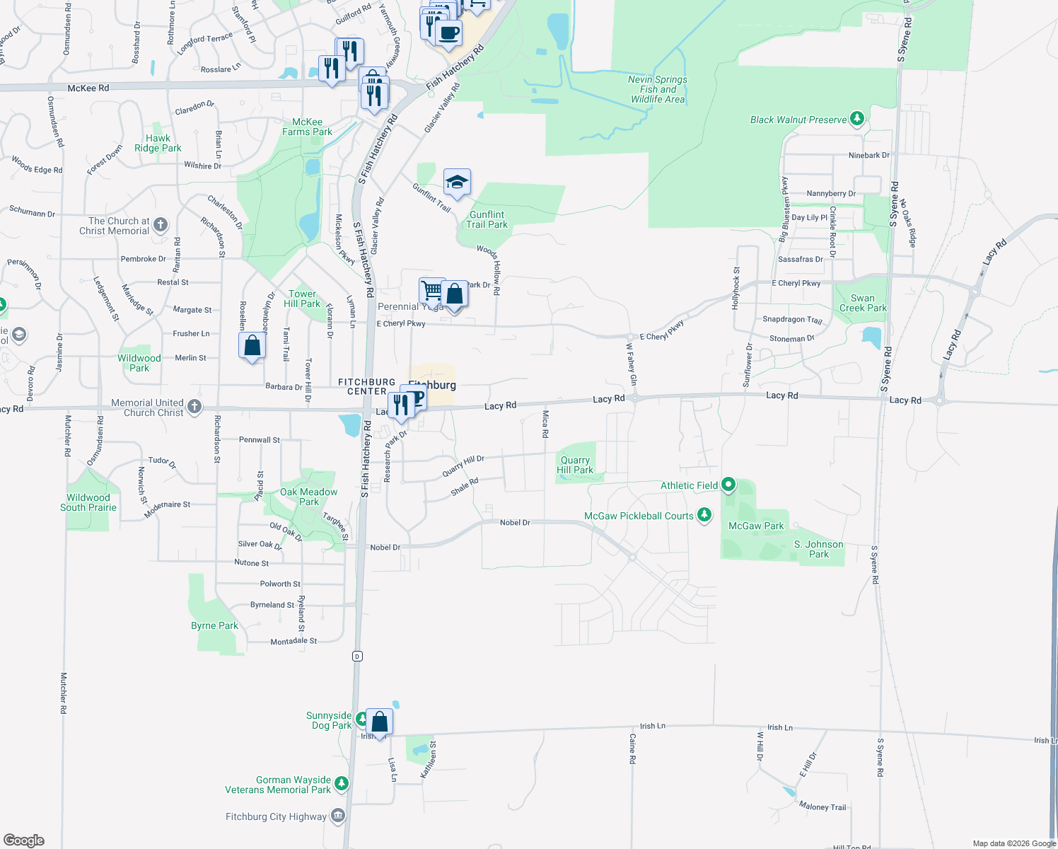 map of restaurants, bars, coffee shops, grocery stores, and more near 2680 Granite Cir in Fitchburg