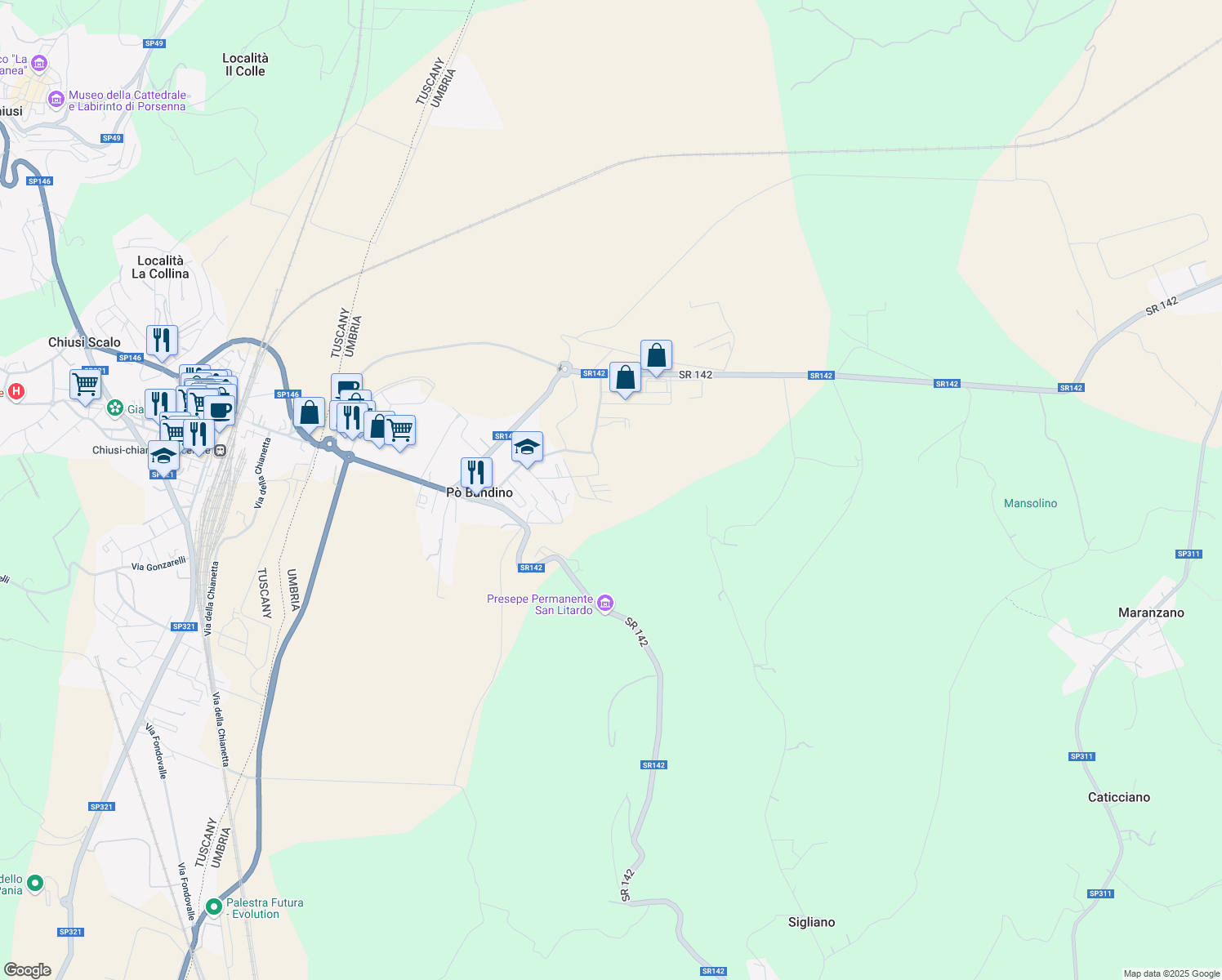 map of restaurants, bars, coffee shops, grocery stores, and more near 125 via sicilia in Provincia di Perugia