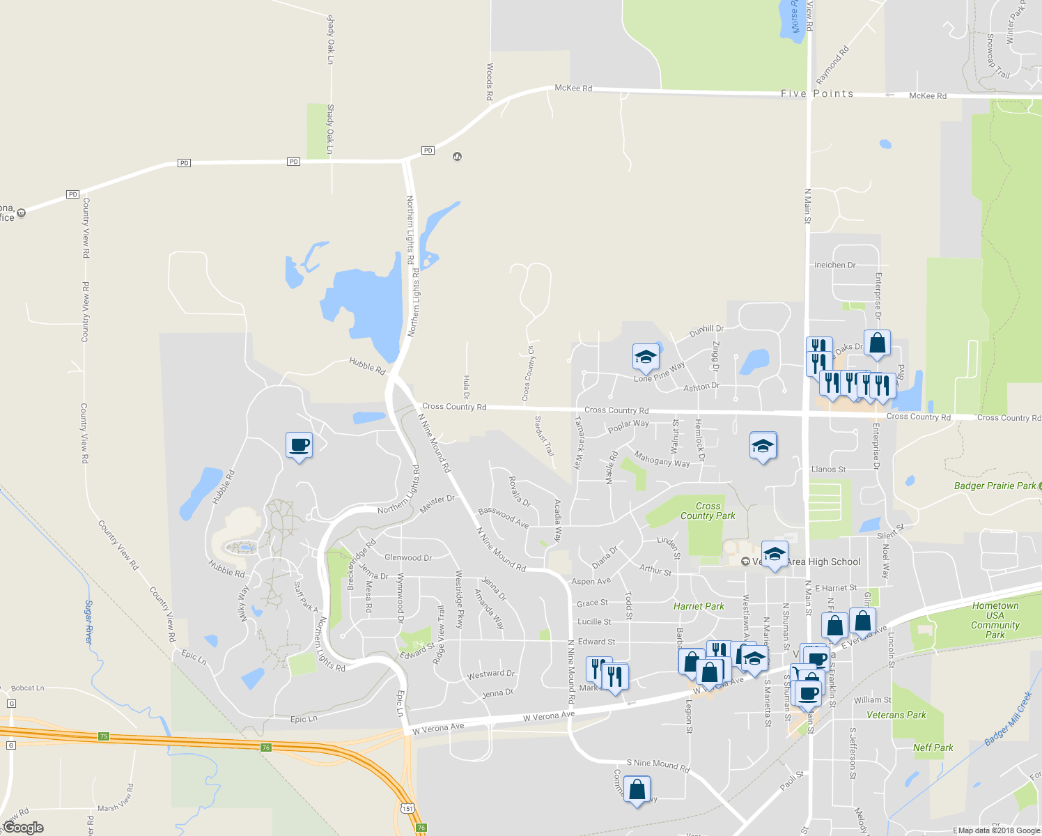 map of restaurants, bars, coffee shops, grocery stores, and more near 7229 Cross Country Road in Verona
